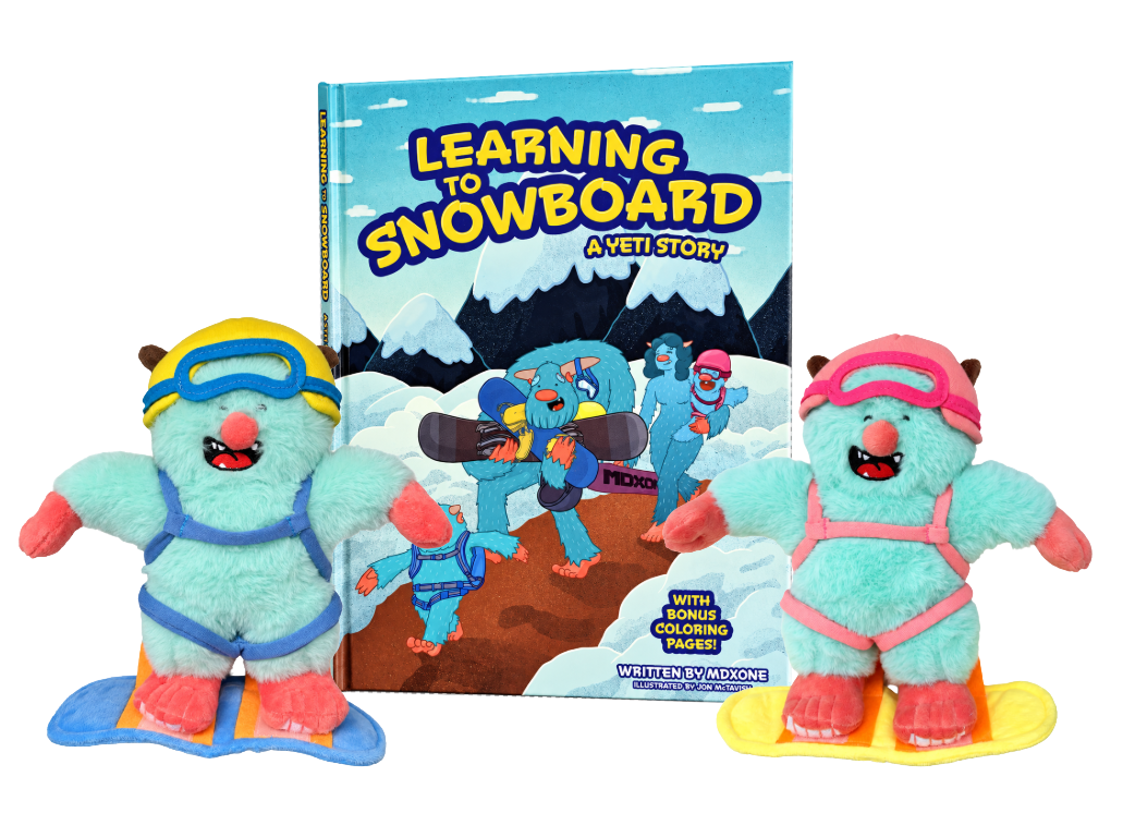 Learning to Snowboard: A Yeti Story book cover with Yeti plush
