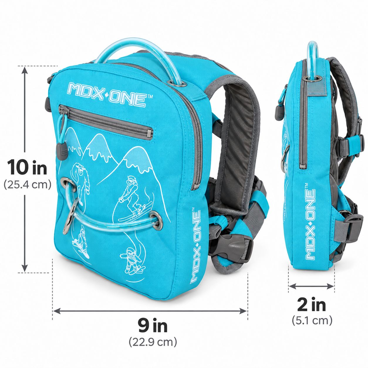 Backpack dimensions: 10 inches high, 9 inches wide, 2 inches deep
