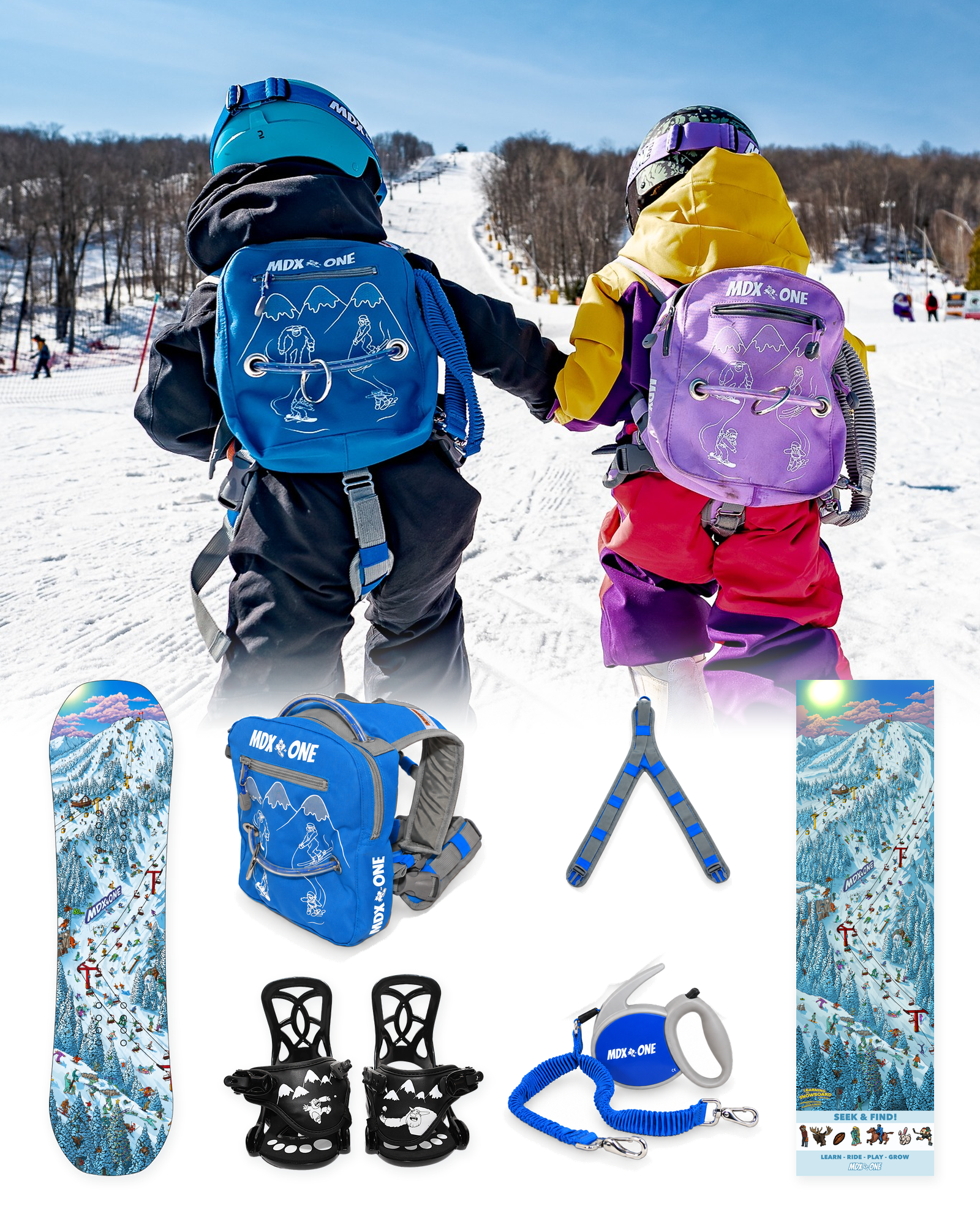 MDXONE THEONE 80 snowboard package with Blue and Lavender harnesses, snowboard, XXS bindings and Yeti Growth Chart