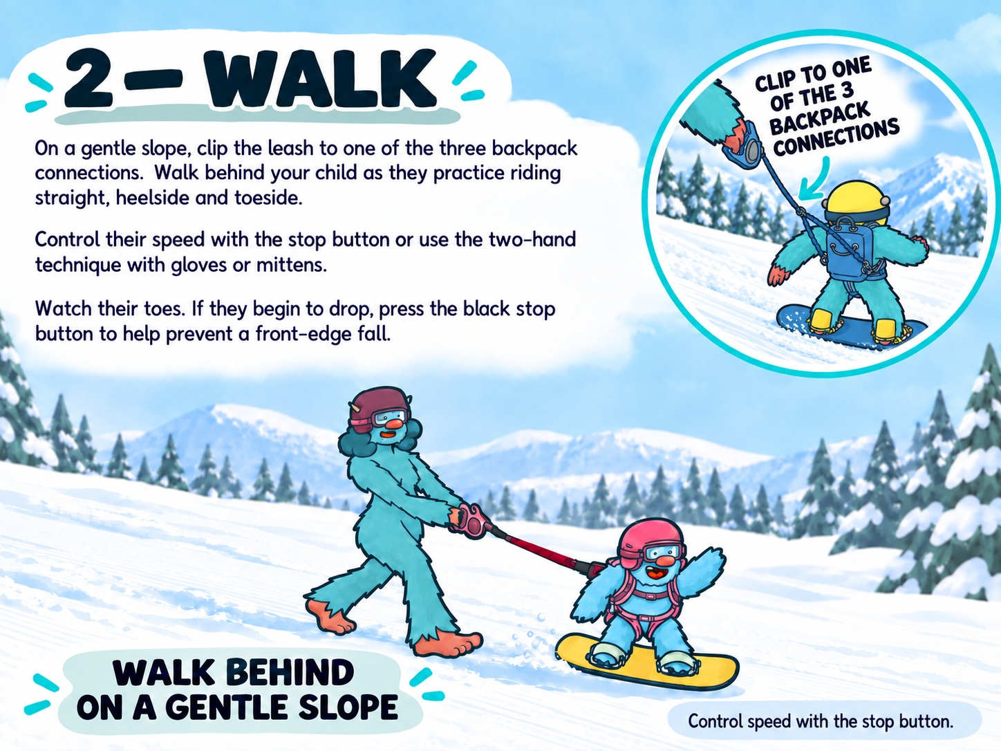 Walk guide: walking behind a child learning on a gentle slope