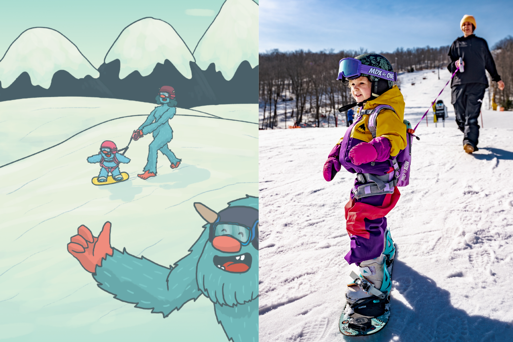 Mama Yeti teaches MADDIE to snowboard — just like a real mom helping her little rider on the slopes.