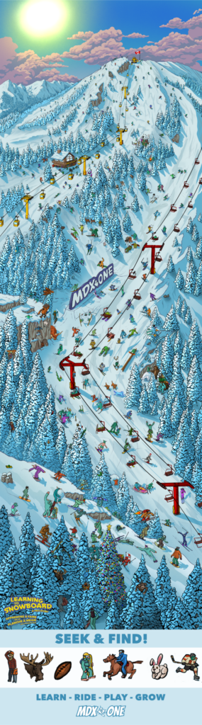 Full Yeti Growth Chart with original illustrated mountain and seek-and-find characters