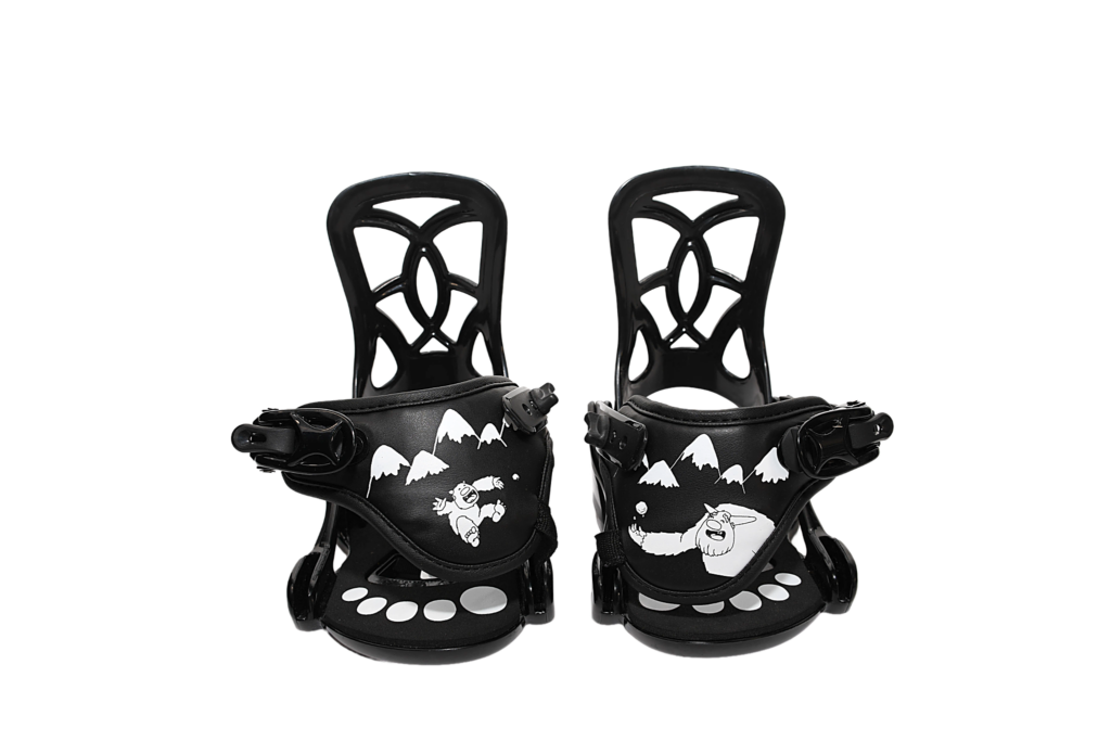 Front view of MDXONE XXS bindings with Yeti paw print footbeds and illustrated straps