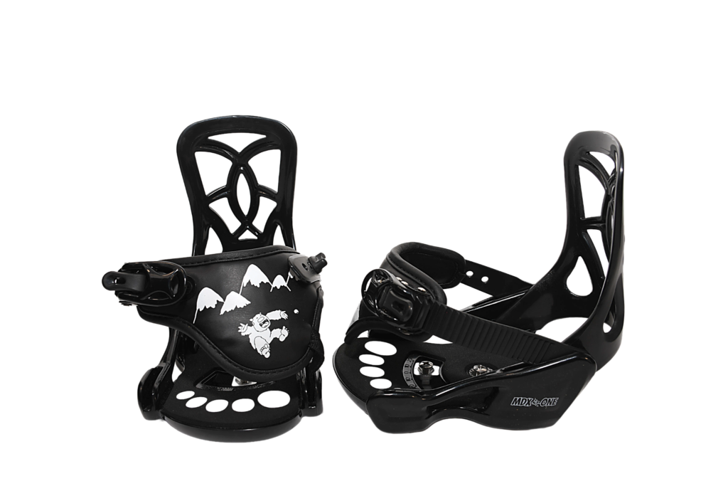 Side view of MDXONE XXS snowboard bindings and highbacks