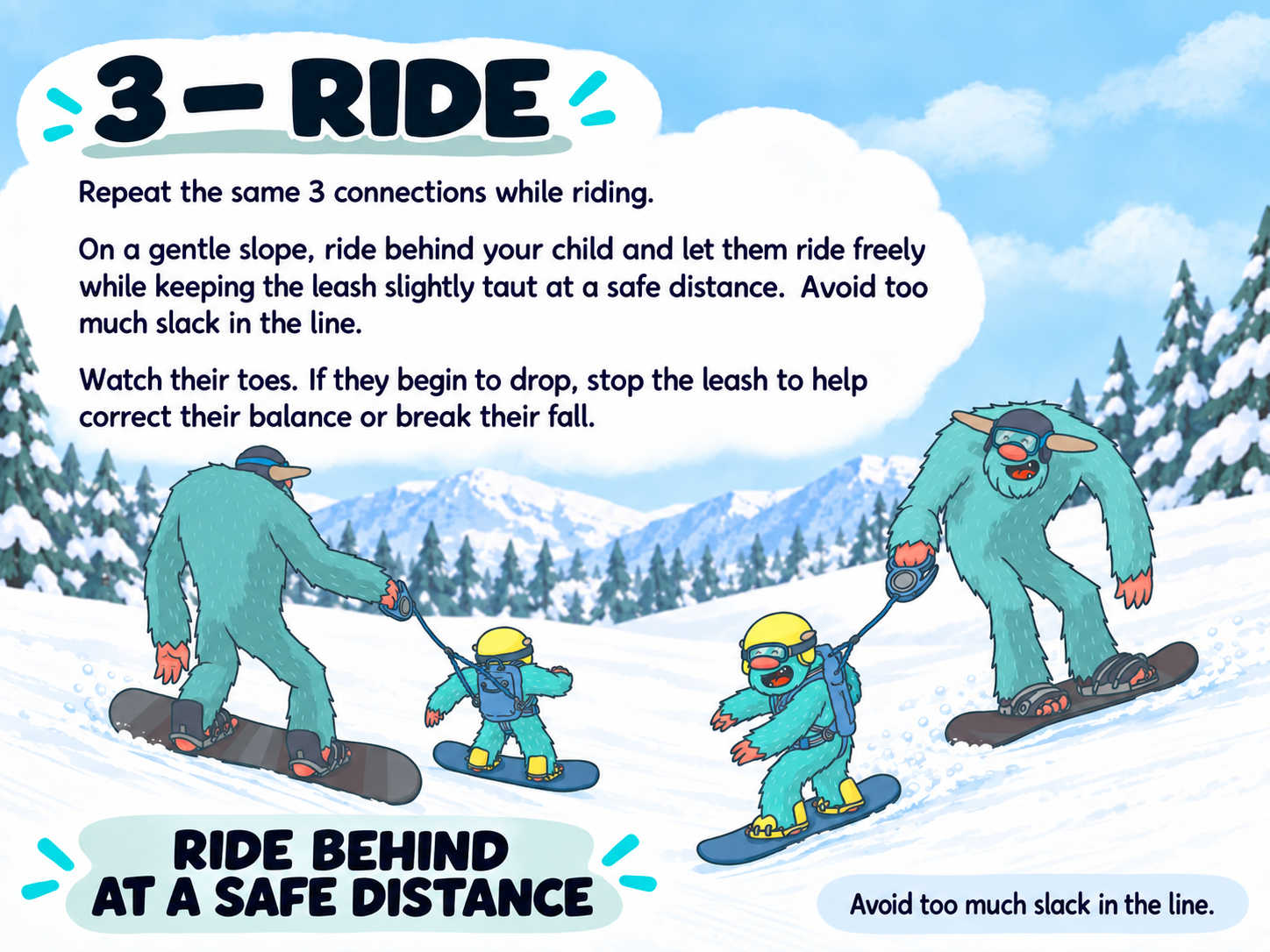 Ride guide: following a child on a snowboard with the teaching leash